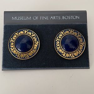 Dedham Pottery lapis earrings from MFAB. Gold accents. Pierced. 1” in dia.